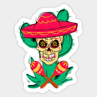 Mexican sugar skull with hat and maracas. Sticker